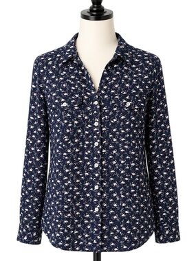 Croft & Barrow Swan Print Button Shirt Roll Tab Sleeves Navy Petite L Casual